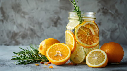 Homemade refreshing summer lemonade drink with lemon and orange slices in mason jar - obrazy, fototapety, plakaty