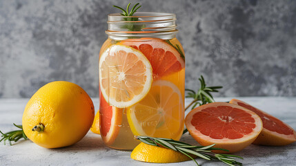 Homemade refreshing summer lemonade drink with lemon, orange and grapefruit slices in mason jar - obrazy, fototapety, plakaty