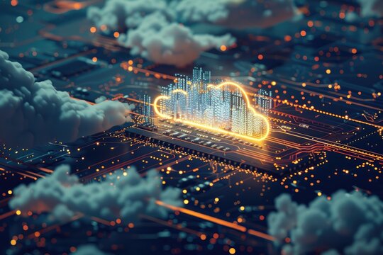 Conceptual representation of cloud computing infrastructure with glowing network and data servers in a futuristic cyber space - AI generated