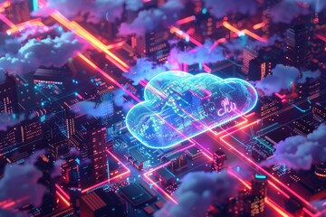 Obraz premium Conceptual representation of cloud computing infrastructure with glowing network and data servers in a futuristic cyber space - AI generated