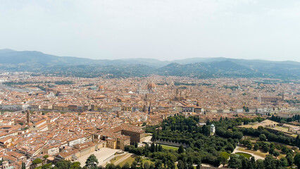 Fototapeta na wymiar Florence, Italy. Cathedral Santa Maria del Fiore. Panoramic view of the city. Summer, Aerial View