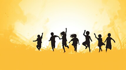 Children jumping for joy, black outline on yellow background.