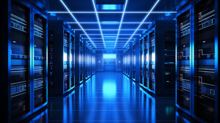 Abstract of modern high tech internet data center room with rows of racks with network and server hardware