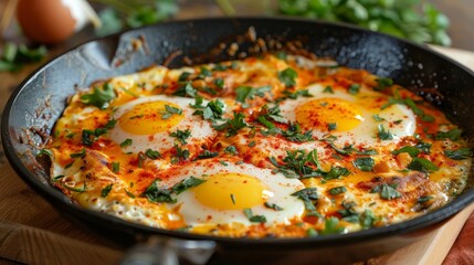 Fried eggs fried eggs spices and herbs fried in a pan.