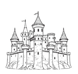 Fototapeta premium Medieval castle sketch. Vector illustration on white background