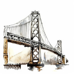 Watercolor illustration of a suspension bridge with urban skyline background, rendered in sepia tones, ideal for architectural concepts or travel-themed designs with space for text