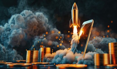 Investment growth concept with a rocket launching from a smartphone stack of coins, metaphor for financial success and mobile investment platforms - AI generated - obrazy, fototapety, plakaty