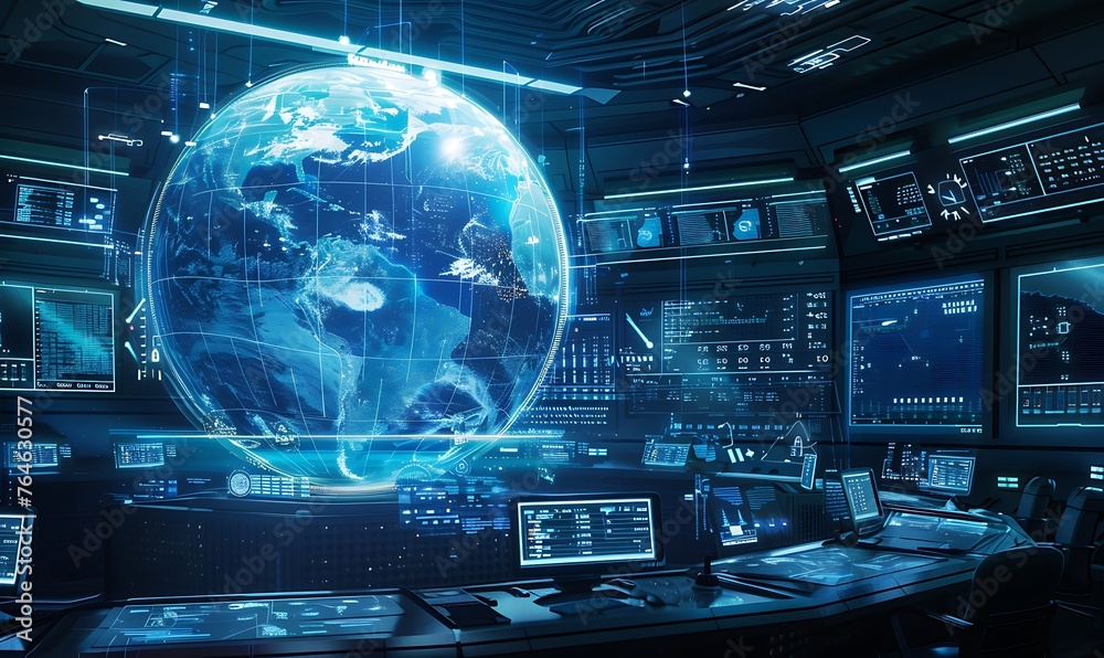 Aufkleber Global Data Monitoring, Futuristic Command Center with Holographic Globe Analysis