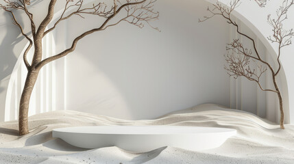 Minimal mockup background for product presentation. Podium and dry tree twigs branch with sand beach on white background 