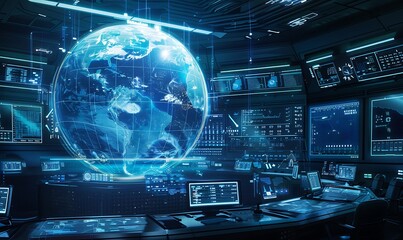 Global Data Monitoring, Futuristic Command Center with Holographic Globe Analysis
