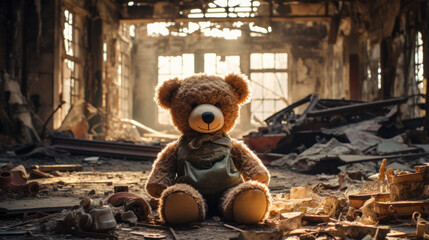 teddy bear sitting in decaying - obrazy, fototapety, plakaty