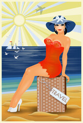 Pinup girl with bag, travel  card, vector illustration