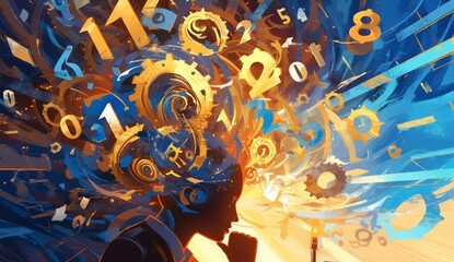 A vibrant and colorful painting depicting the concept of numbers in human thinking, with various shapes 