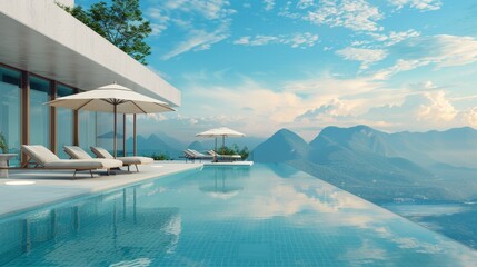 Tranquil infinity pool with sun loungers and umbrellas facing a serene mountain landscape