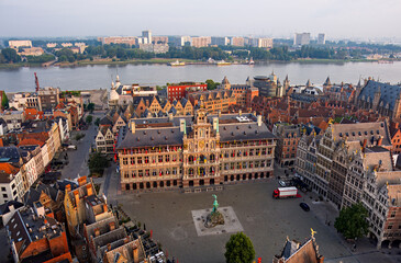 Antwerp, Belgium. Antwerp Town Hall (Stadhuis Antwerpen) Panorama of the city. Summer morning. Aerial view