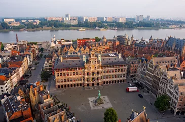 Poster Antwerp, Belgium. Antwerp Town Hall (Stadhuis Antwerpen) Panorama of the city. Summer morning. Aerial view © nikitamaykov