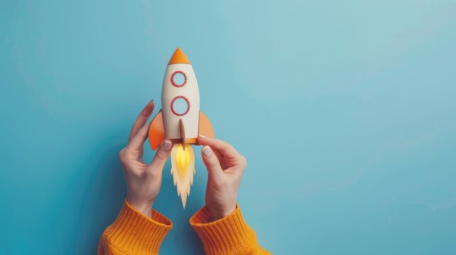 Conceptual image of a hand launching a space shuttle, representing startup innovation, entrepreneurship, and the power of creative vision - AI generated