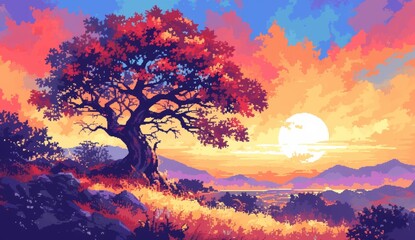 A vibrant digital painting of an autumn tree with colorful leaves, set against the backdrop of mountains and sunset sky.