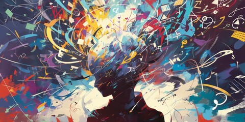 A vibrant painting of an abstract human figure with numbers and symbols swirling around their head, representing the concept that mind is body in unison. 