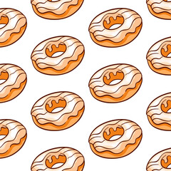 Donut seamless pattern with vanilla icing in cartoon. Doughnut simple line wallpaper for bakery and restaurant menu. Vector illustration on a white background.