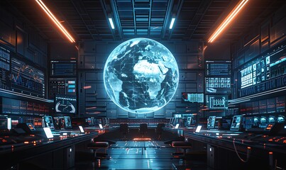Global Data Monitoring, Futuristic Command Center with Holographic Globe Analysis