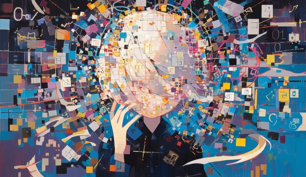 A vibrant painting of an individual surrounded by numbers and symbols, representing the concept that everything in life is made up entirely from numbers. 