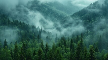 A beautiful landscape with fir trees and mountains buried in fog.