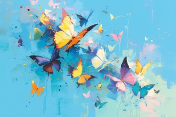 A vibrant painting of butterflies in various colors, swirling and flying around the canvas. The background is a light blue with splashes of color from each butterfly's wings. 