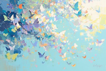 A vibrant painting of butterflies in various colors, swirling and flying around the canvas. 