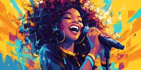 Foto op Plexiglas A vibrant pop art portrait of an African American woman with curly hair, her mouth open in song as she holds the microphone.  © Photo And Art Panda