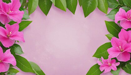 Pink bougainvillea flowers horizontal border with leaves and plants isolated on transparent background colorful background - obrazy, fototapety, plakaty