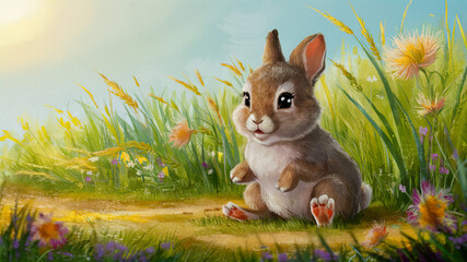 Cute rabbit among wildflowers and grass. Bunny and spring flowers. Happy Easter concept. Floral postcard, card, banner.	
