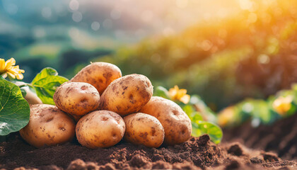 Freshly collected potatoes on the ground in garden. Organic agriculture. Natural and healthy food.