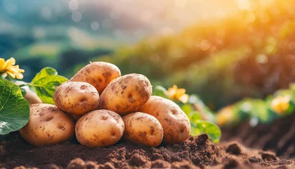 Fotobehang Freshly collected potatoes on the ground in garden. Organic agriculture. Natural and healthy food. © hardvicore