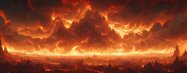 Tuinposter vast dark castle landscape, with flames burning in an endless sea on one side and giant walls stretching across it, made of black rock. © Photo And Art Panda
