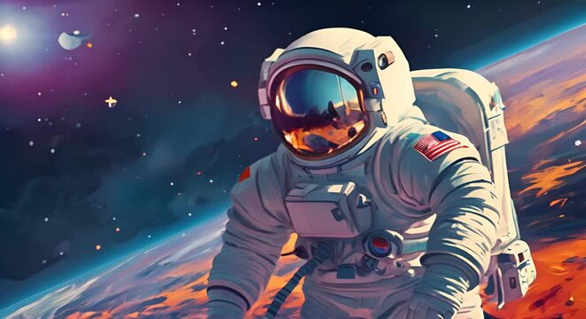 Astronaut floating in space. Spaceman wearing helmet suit. Cosmonauts explore the cosmos. NASA Travel. The concept of traveling the entire galaxy. Explorer mission.