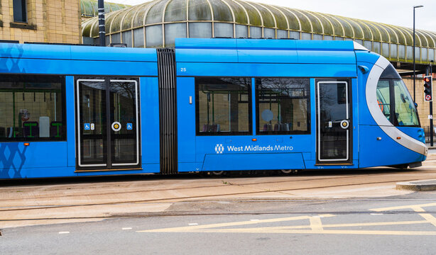 Wolverhampton, UK - March 21 2024: West Midlands Metro approaching Piper's Row tram stop