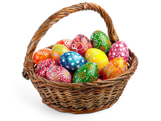 Multi-colored Easter eggs in a basket on transparency background PNG
