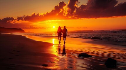 Couple walking along the beach during sunset