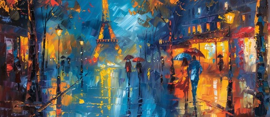 a romantic oil painting of parisian street - obrazy, fototapety, plakaty