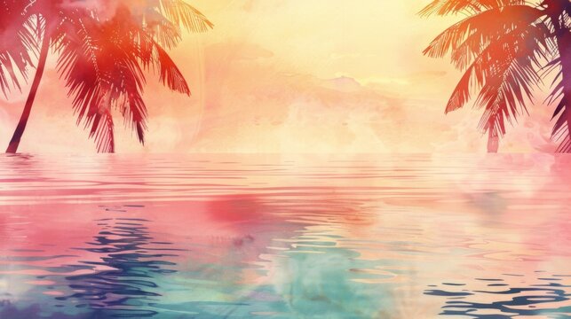 Tropical Sunset Watercolor with Palms and Ocean