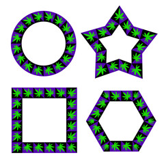 Set of frames with border pattern of hemp leaf shapes. Round, square, hexagonal and five-pointed star frames. Optical illusion as if they are moving.