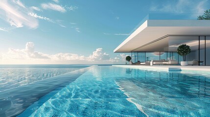Coastal luxury villa with ocean view and infinity pool merging with the sky