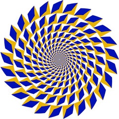 Circular spiral pattern of blue, yellow and white shapes. It seems that they spin slowly. Optical illusion background. Round colored frame.