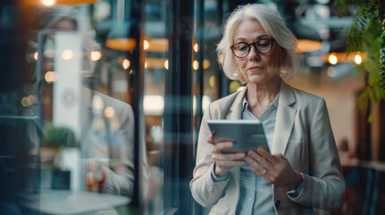Business woman looks down while holding tablet