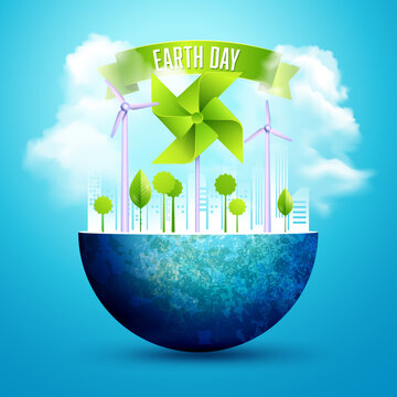 conceptual design for earth day or environment day, graphic of globe with turbine and windmill