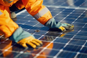 Skilled technician carefully installing solar panels, capturing the hands-on process of advancing renewable energy solutions - AI generated
