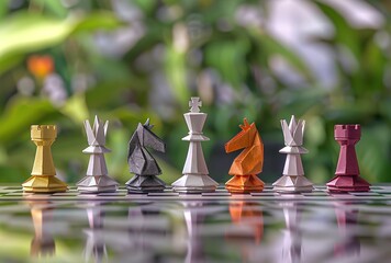 A set of origami chess pieces on the board