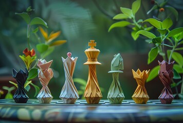 A set of origami chess pieces on the board - obrazy, fototapety, plakaty
