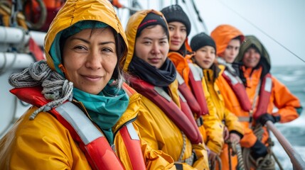 Diverse crew on a boat braving the sea in protective gear